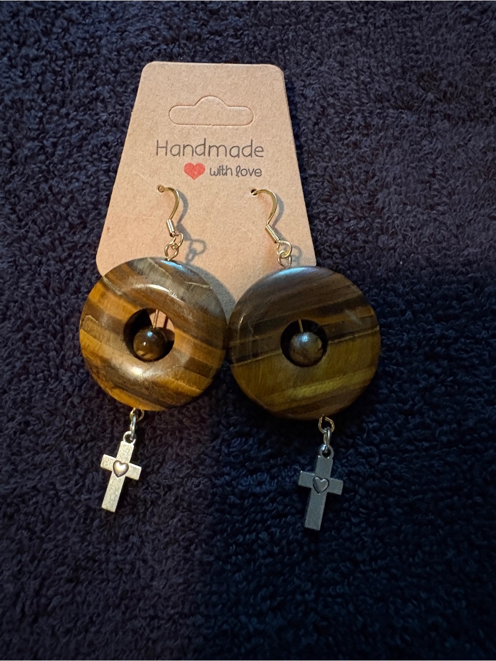 Handmade tiger’s eye Donut Drop Earrings with Cross Charms - Brown